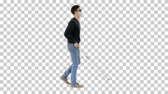 Blind Man In Medical Mask Walking, Alpha Channel