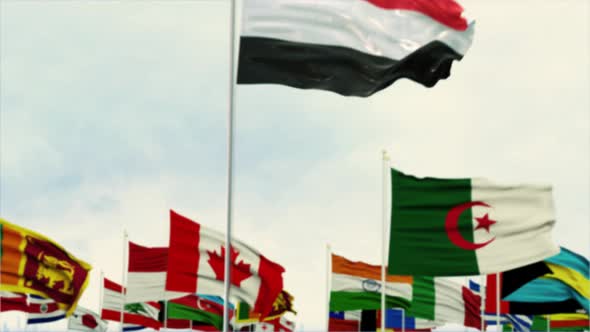 Yemen Flag With World Globe Flags Morning Shot