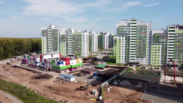 View of a Residential Neighborhood and Construction of Multi-storey, Multi-apartment Buildings in a