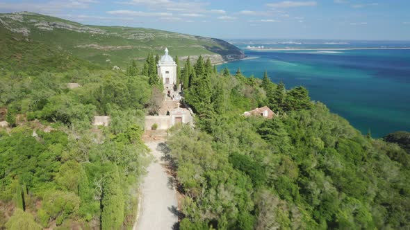 Aerial View of the Convento De Arrabida on the Slopes of the Mountain Chain