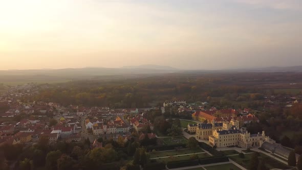 Aerial View of Small Town Lednice and Castle Yard with Green Gardens in Moravia Czech Republic