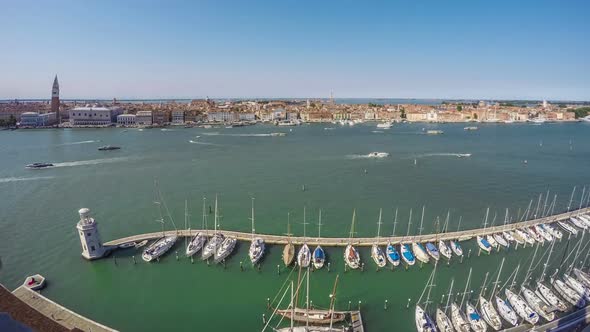 Many Boats Moored Near Lighthouse at Grand Canal, Venice Cityscape, Time Lapse