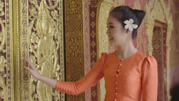 Beautiful Asian Girl Wearing Traditional Dress In Temple