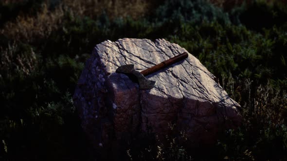 War Ax for Viking on the Rock at Sunset