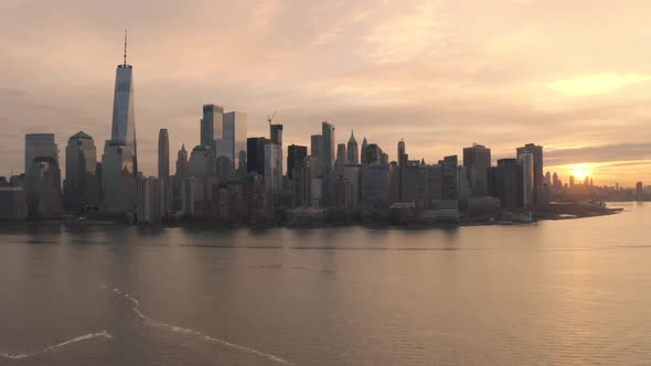 Aerial footage of lower Manhattan; taken from Jersey City