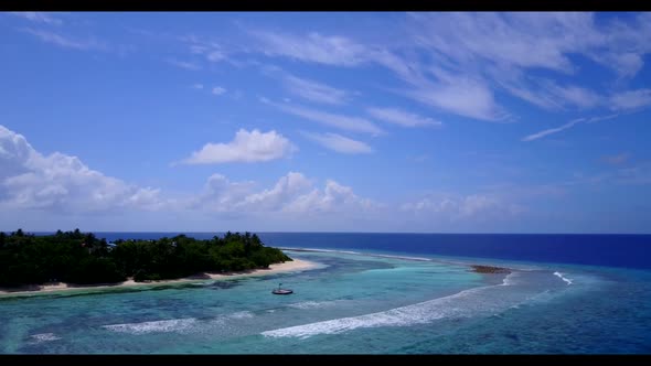 Aerial tourism of perfect island beach wildlife by aqua blue lagoon with white sand background of ad