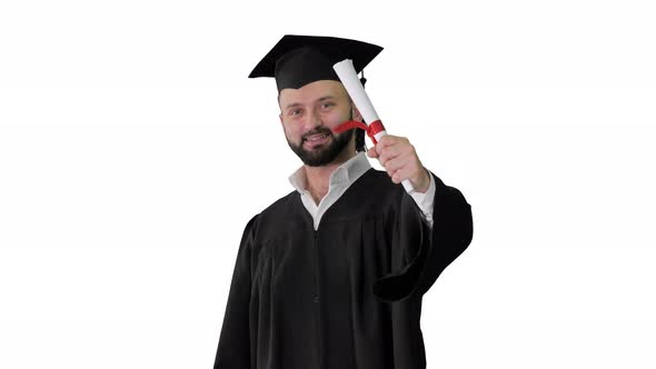 Young Male Smiling Graduate Showing Thumb Up on White Background.