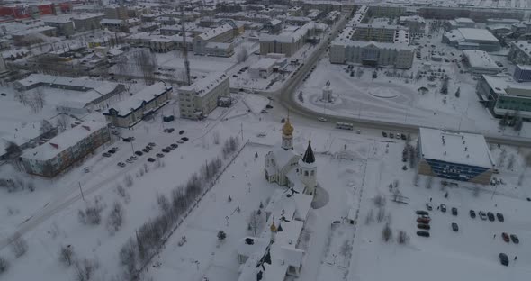 Aerial view of church in winter city 04