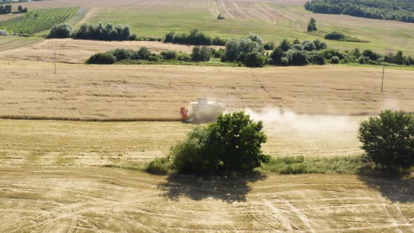 Aerial Drone Shot  a Combine Harvester in a Field in a Rural Area on a Sunny Day