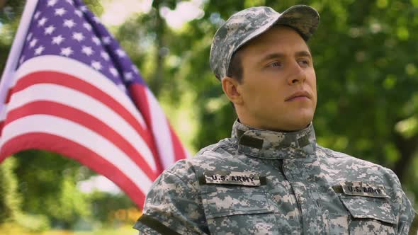 US Army Soldier Saluting at Military Parade, July 4 Independence Day Celebration