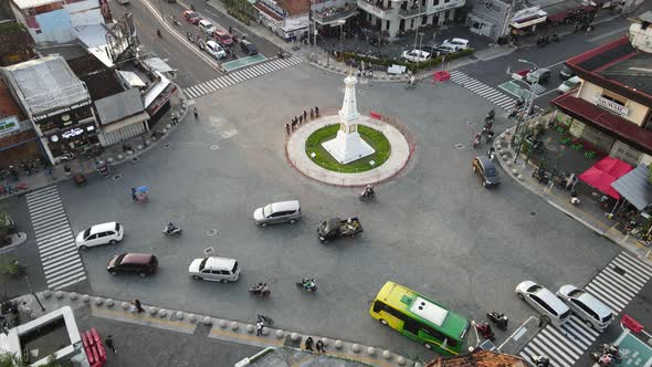 Aerial view of Tugu Yogyakarta Landmark with busy traffic.