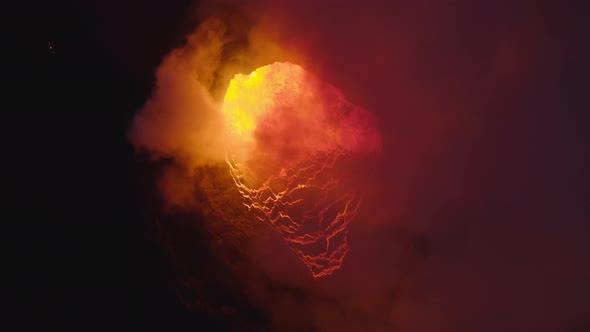 Drone Of Volcano Erupting With Smoke And Molten Lava