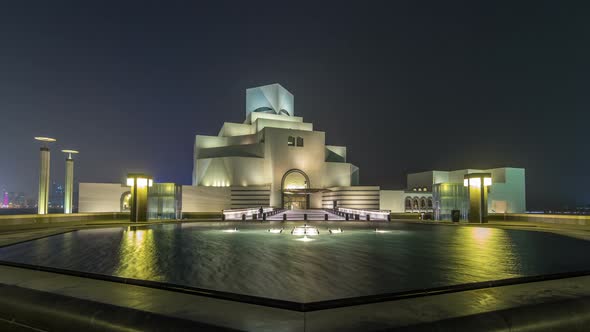 Beautiful Museum of Islamic Art Night Timelapse Hyperlapse in Doha Qatar