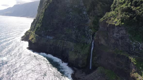Aerial view of Veu da Noiva waterfall in Madeira, Portugal