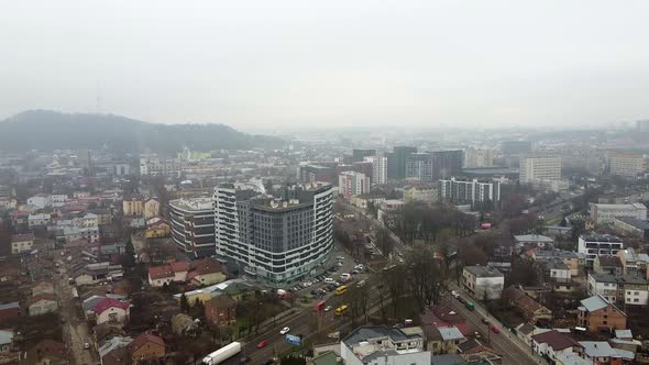 Aerial View of the Drone Flying of the Old City of Lviv Ukraine