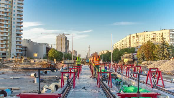 Tram Rails at the Stage of Their Installation and Integration Into Concrete Plates on the Road