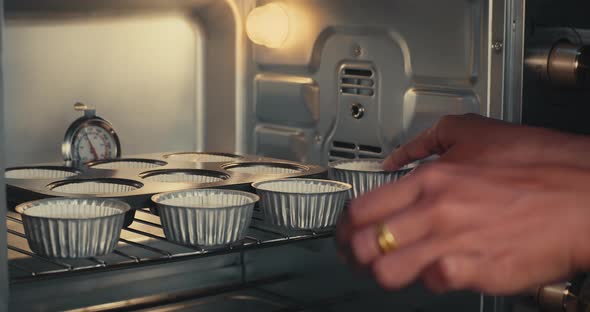 Isolated oven with baking tray woman puts cakes inside