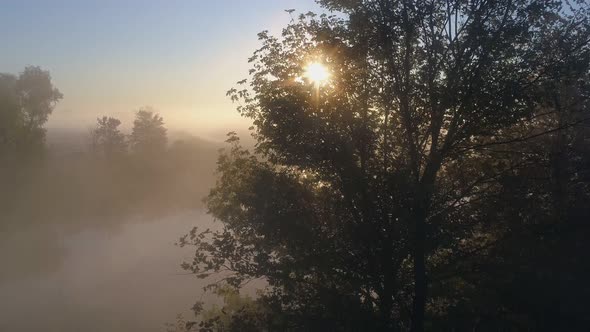 Foggy Nature Landscape with Meadow, River and Trees. Sun Bizarrely Breaks Through Tree Branches in