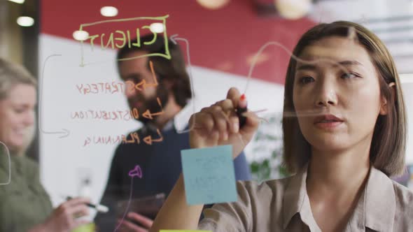 Asian woman writing on glass board and discussing at modern office