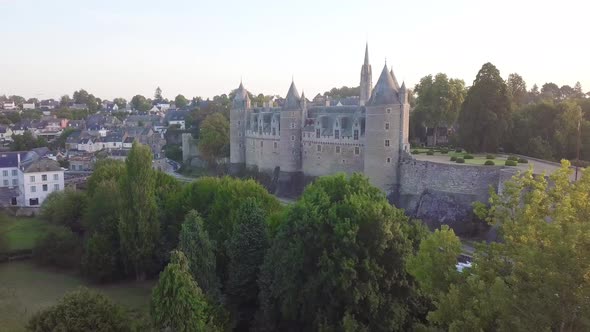 A drone flies over a medieval castle