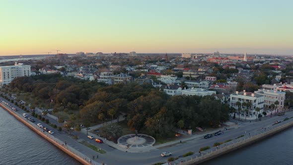 Flying over The Battery near the French Quarter in downtown Charleston