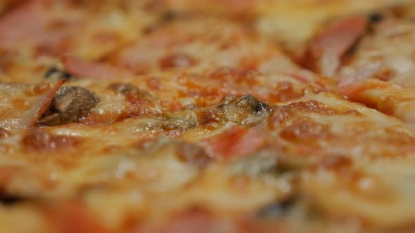 Tasty traditional Italian pizza slow panning over  shallow DOF 4K 2160p UHD footage - Tasty rich in 