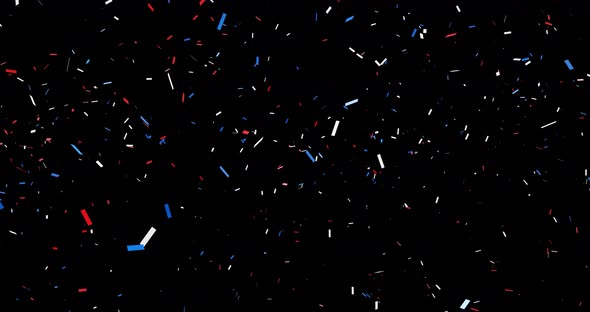Animation of red, white and blue falling confetti on the dark background. Colors of the America flag