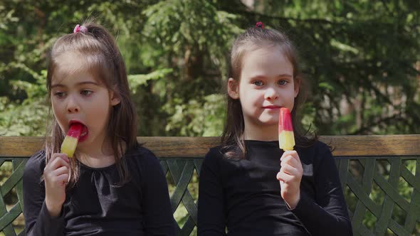 Two Sisters Are Eating Ice Cream in Spring Forest