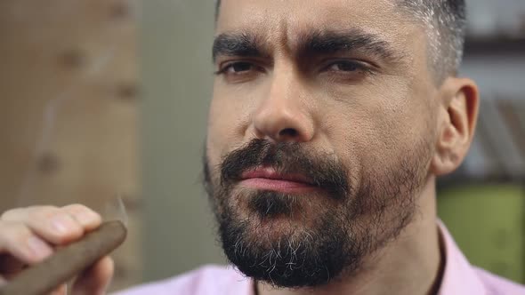 Bearded Man Trying New Flavor of Cuban Cigars, Smoking Habit, Masculinity