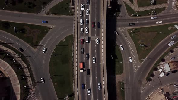 Drone's Eye View -  Aerial Top Down View of Urban Traffic Jam on a Car Bridge.