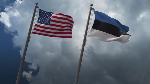 Waving Flags Of The United States And Estonia 4K