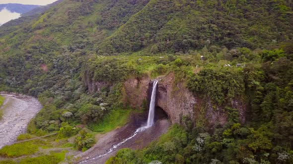 Aerial view of waterfall in Banos, Ecuador.