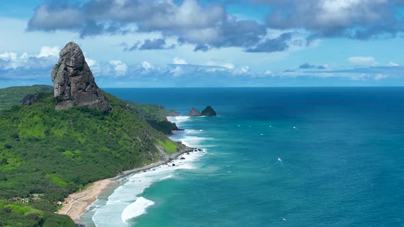 Seaside scenic vulcan mountain and beach at archipelago of Fernando de Noronha Brazil. Tropical isla