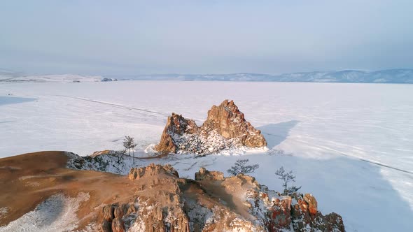 Aerial View on Cape Burkhan and Shamanka Rock on Olkhon Island in the Morning