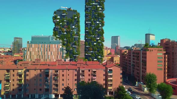 Aerial View. Modern and Ecologic Skyscrapers with Many Trees on Every Balcony