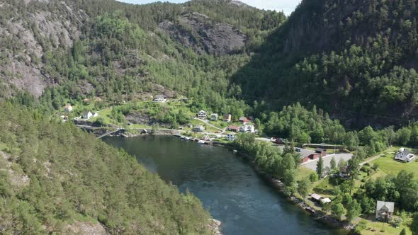 Aerial of Vikafjorden fjord leading to Vosso Salmon river - At Stamnes close to school in Sanden