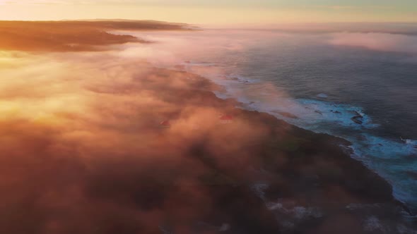 Camera is Rising Above Thick Fog Above Beautiful Ocean of Golden Sunrise Clouds