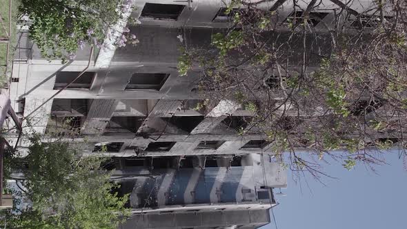 Vertical Video of the Consequences of the War in Ukraine  a Destroyed Building