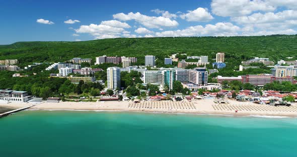 4k aerial video of beach and hotels in Golden Sands, Zlatni Piasaci.