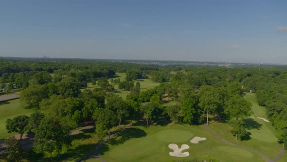 Forward Aerial Pan of a Golf Course in Long Island on a Sunny Day