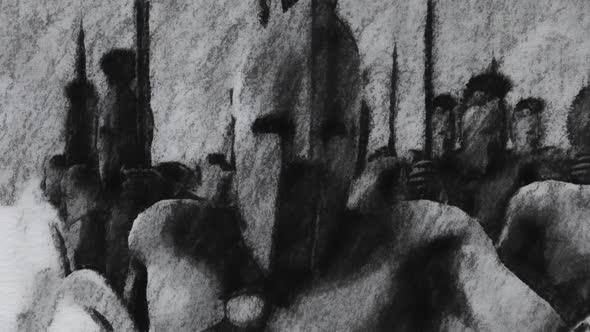 Spartan Soldiers Holding Spears And Shields Charcoal Sketch