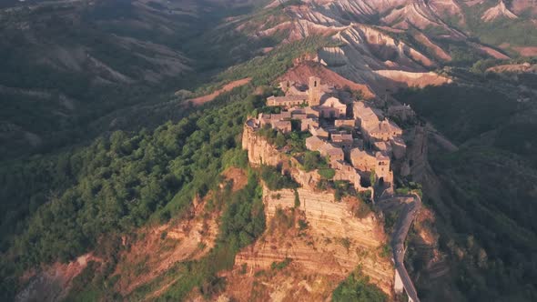 Civita di Bagnoregio, a hilltop town in Province of Viterbo, Italy. Aerial drone view