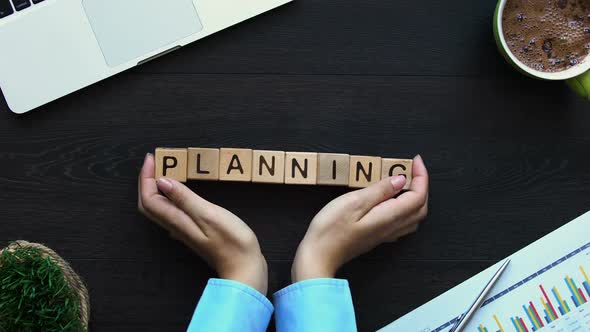 Planning, Female Hand Putting Cubes With Words on Table, Business Development