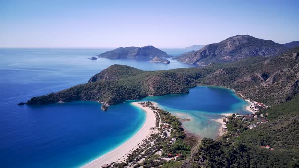 Amazing beautiful panoramic view from drone of Oludeniz Blue lagoon beach in Fethiye in Mugla