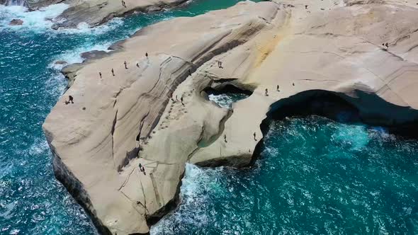 Sarakiniko beach. Milos island. Greece. View from drone. A seascape at the day time.