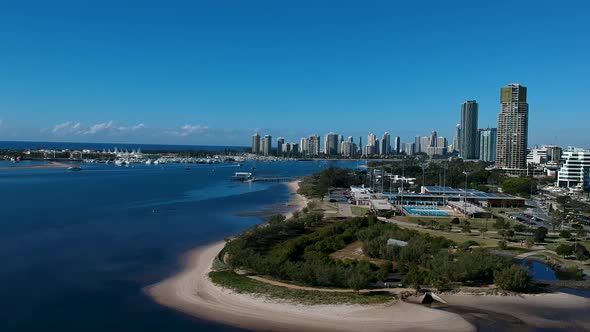 Aerial view showing Australia's Gold Coast waterways and urban sprawl on a clear day