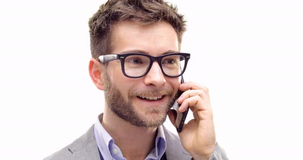 Professional Business Blonde Adult Man Wearing Eyeglasses and Using Smartphone