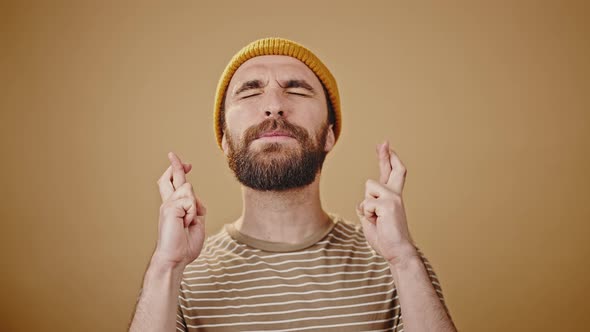 Bearded Performer Expects Good Results Smiling Closeup