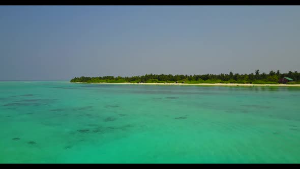 Aerial tourism of tranquil island beach break by clear sea with bright sand background of adventure 