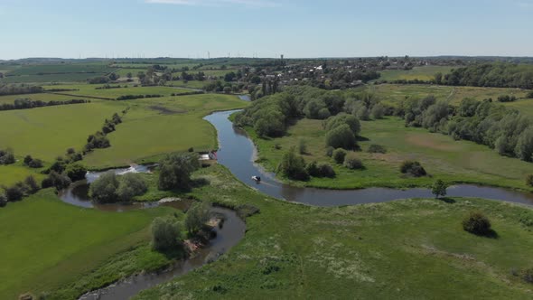 Aerial View Leisure Cruiser Boat On River Nene Northamptonshire Spring